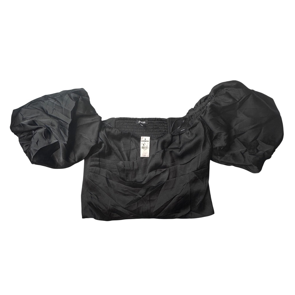 Express Top Women‎ L Black Puff Sleeve Smocked Ruched Front Satin Crop Blouse